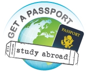 Icon of globe with passport image in front with text that says Get a Passport and Study Abroad